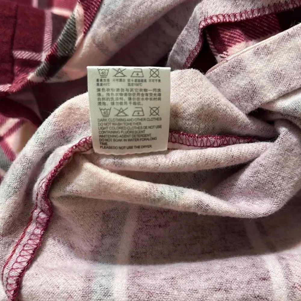 Erxeelo 12-14 Burgundy Pink Plaid Flannel 💯Cotton Pajama Sleep Long Sl Shirt